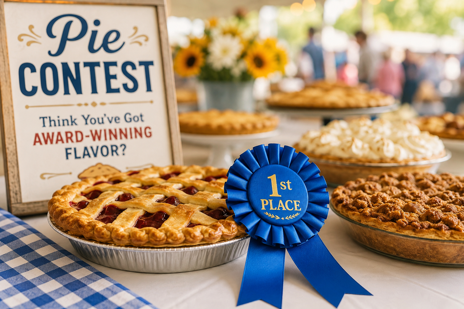 Award-winning pies on display at the Marquette County Fair Blue Ribbon Pie Contest, with a 1st place blue ribbon